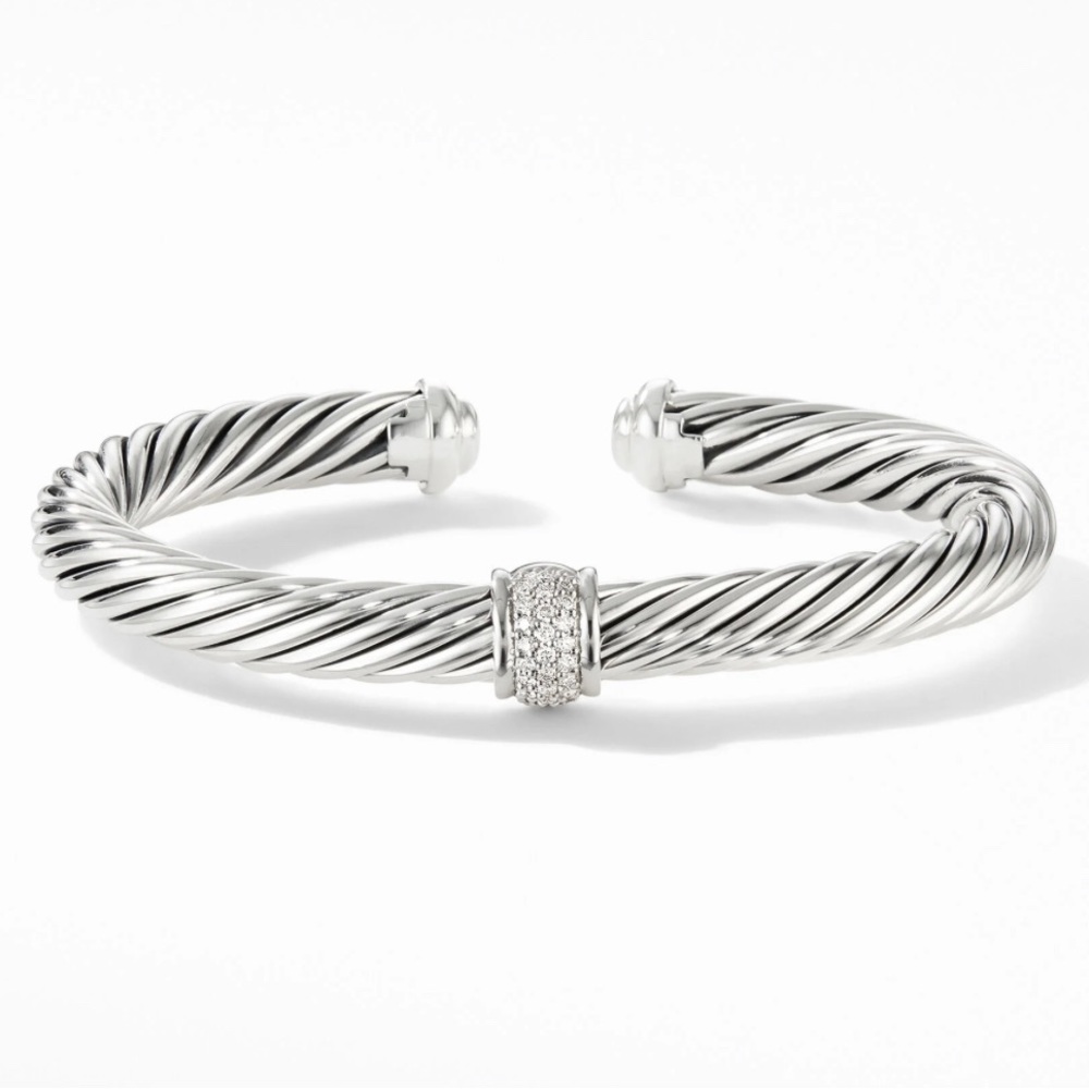 Cable Classic Bracelet in Sterling Silver with Pavé Diamond Station